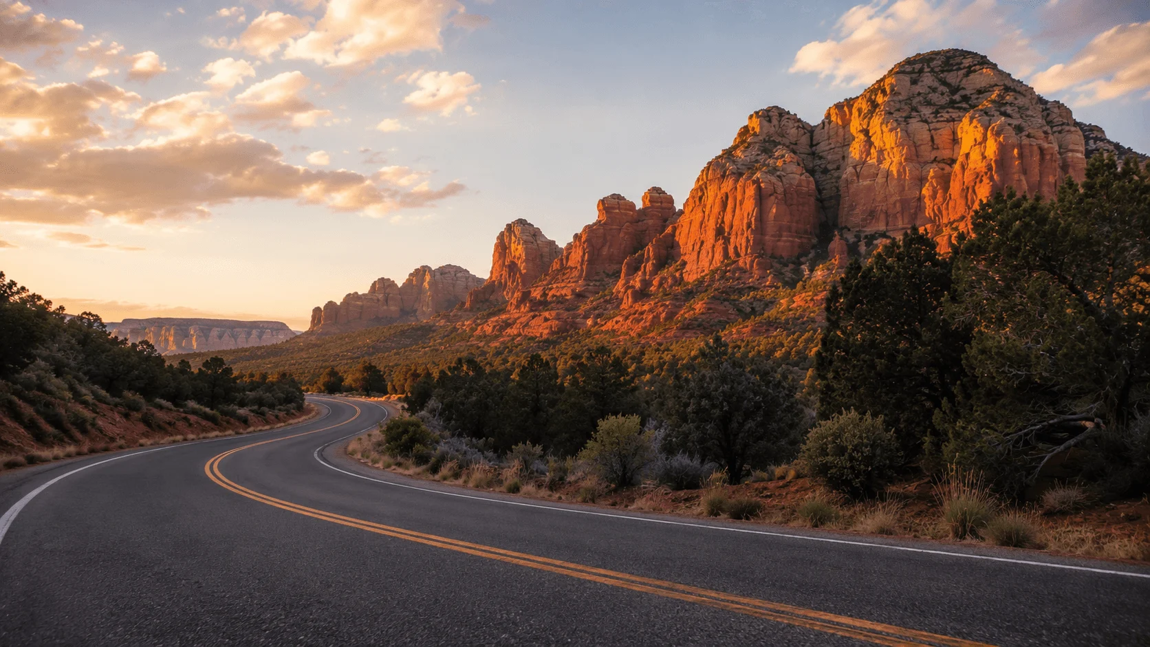 A curving road beneath sunlit red-rock formations