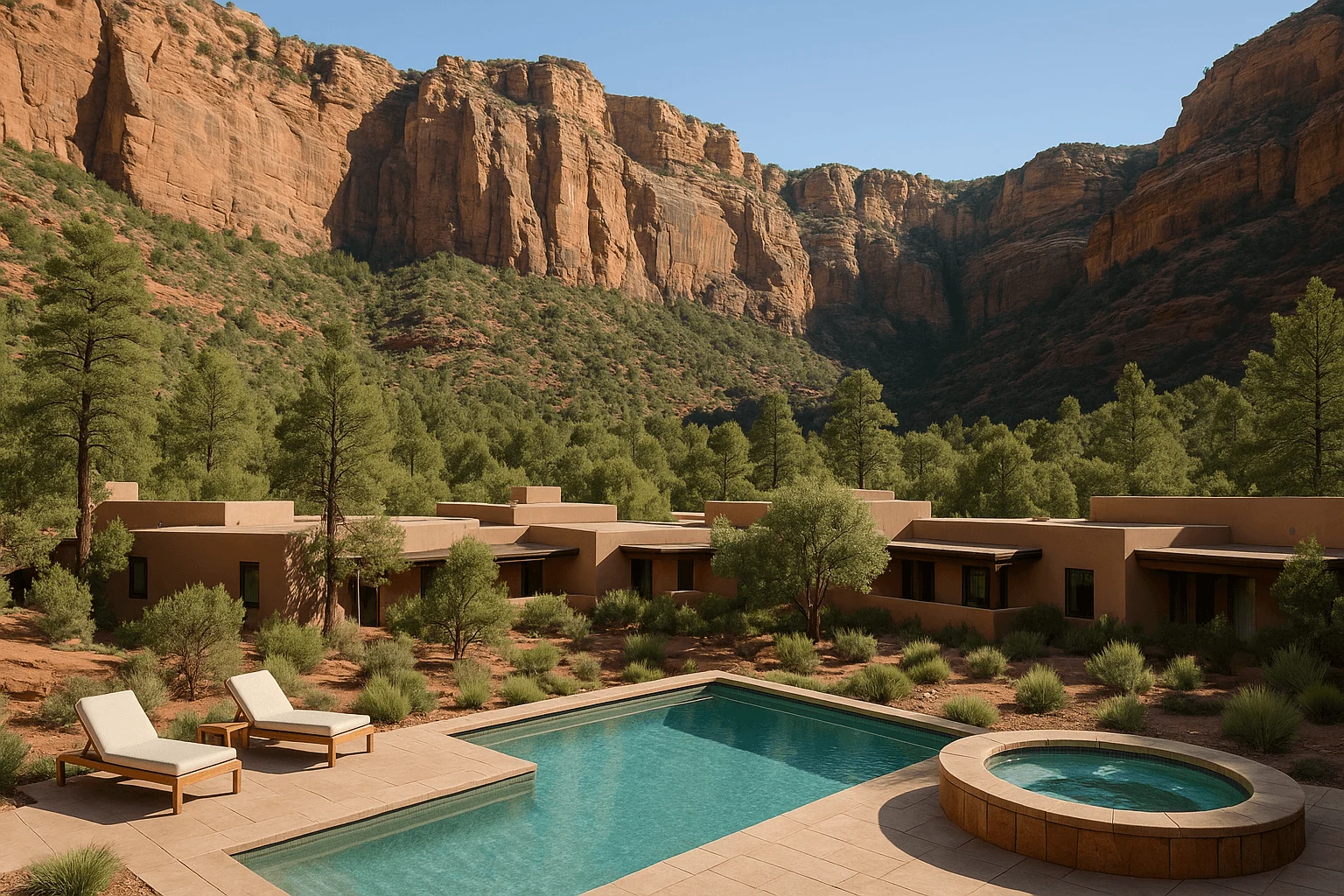 A pool courtyard beneath tall canyon walls
