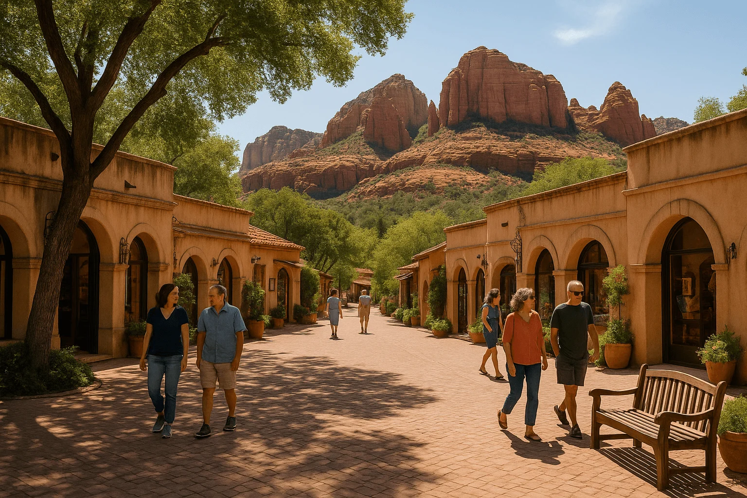 Visitors in a tree-lined courtyard with arched shop entrances