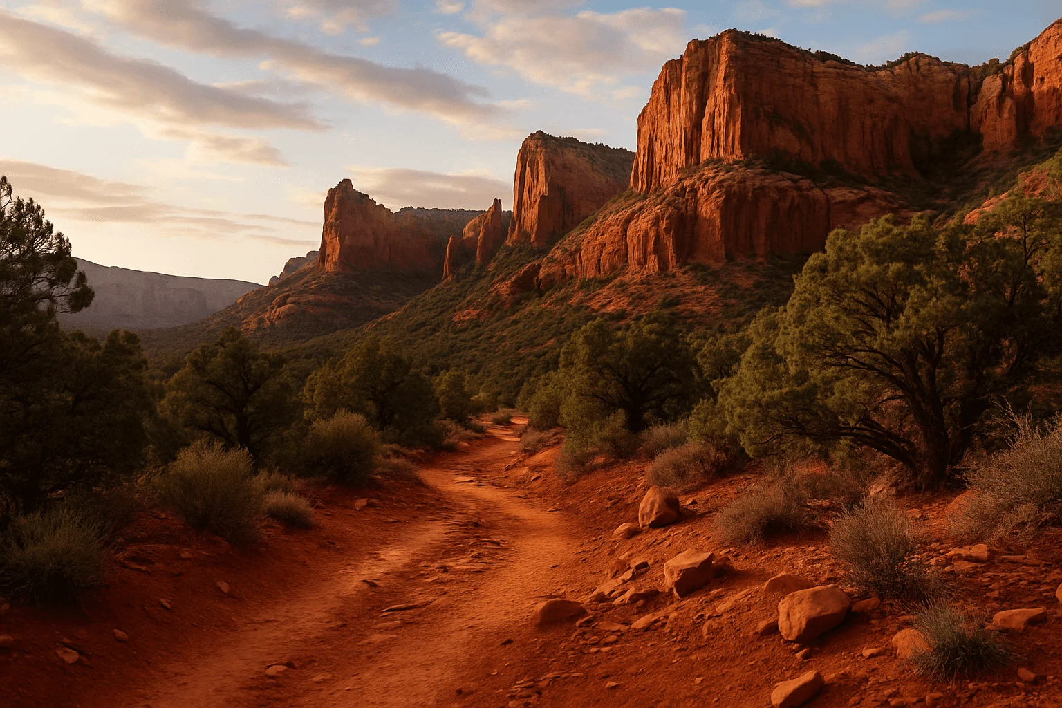 A red-dirt trail beneath towering sandstone cliffs