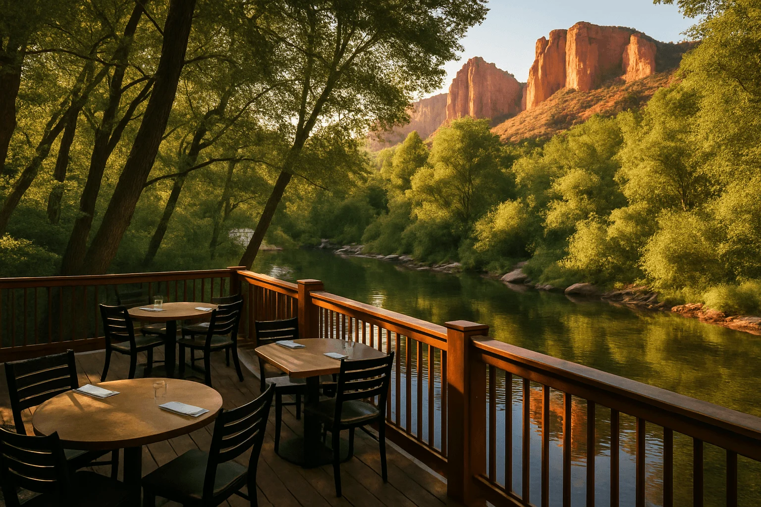 Tables on a wooden deck overlooking a shaded creek