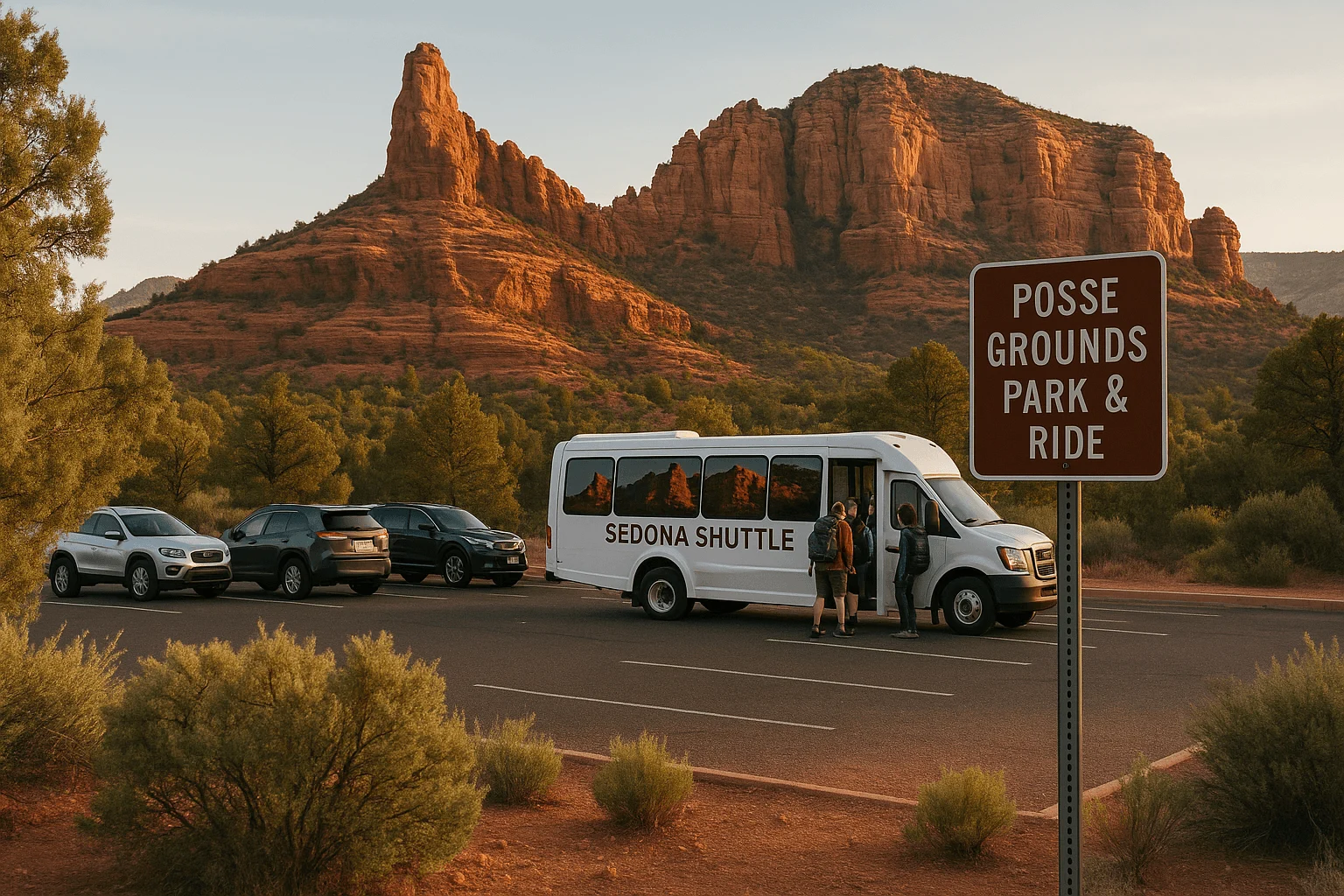 A shuttle beside a Posse Grounds Park and Ride sign