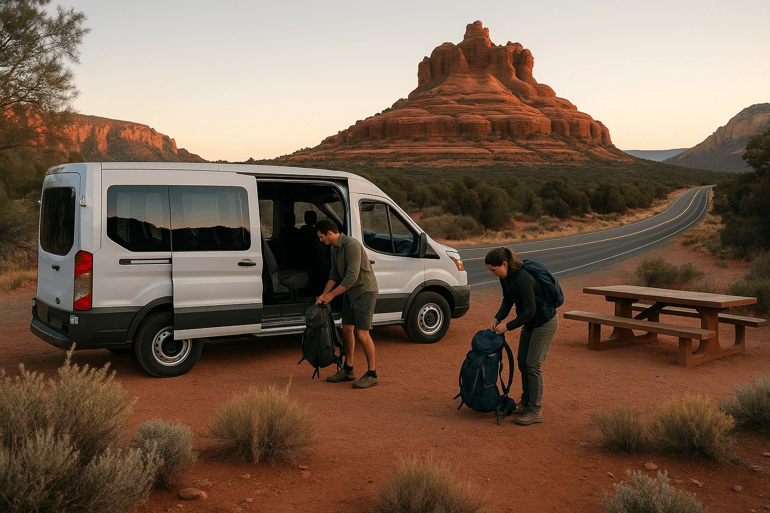 People beside a shuttle at a desert roadside stop