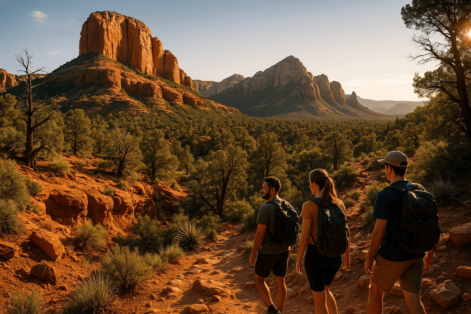 Hikers walking through desert vegetation toward red-rock formations