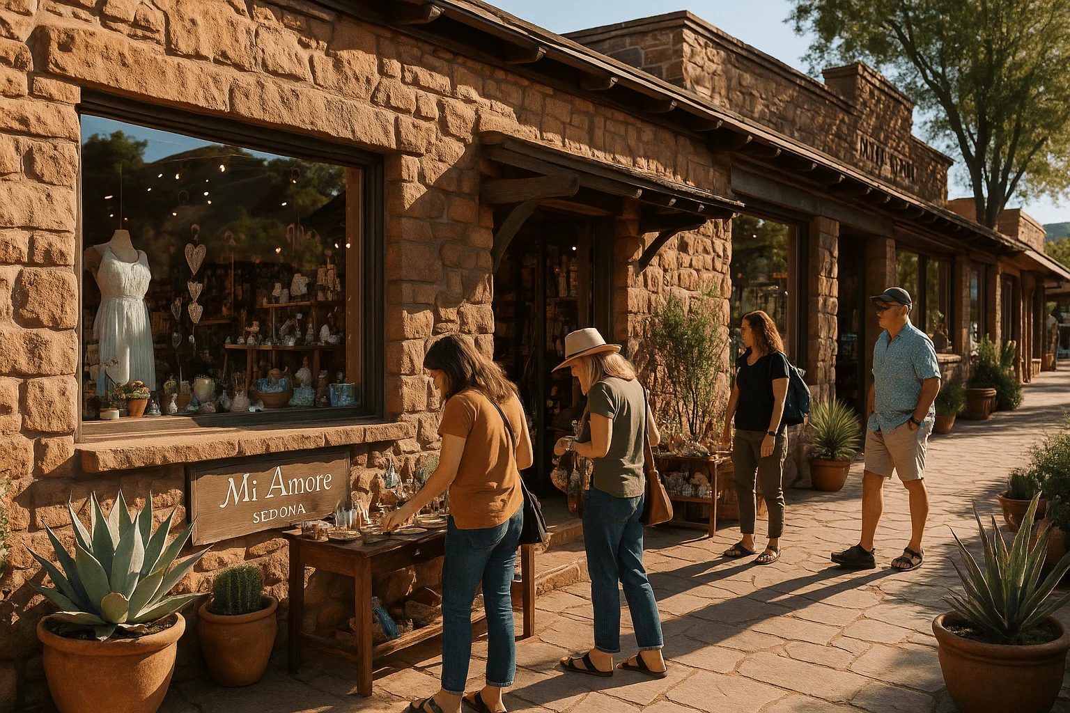 Visitors browsing shops along a stone-paved walkway