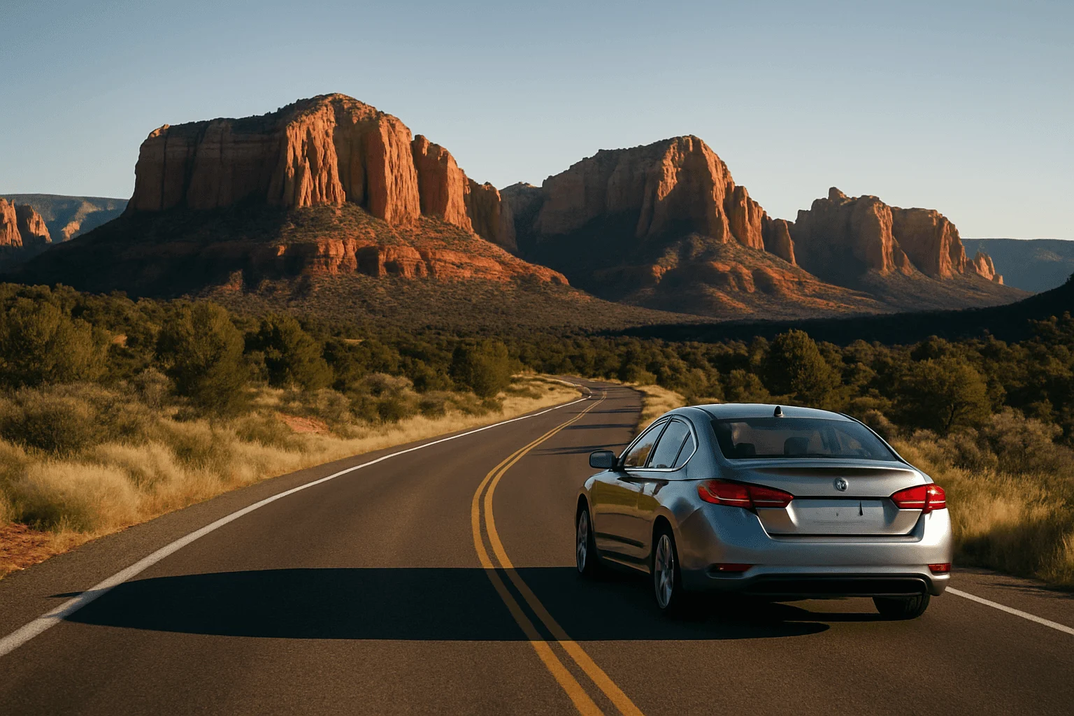 A car traveling a curving road through red-rock country