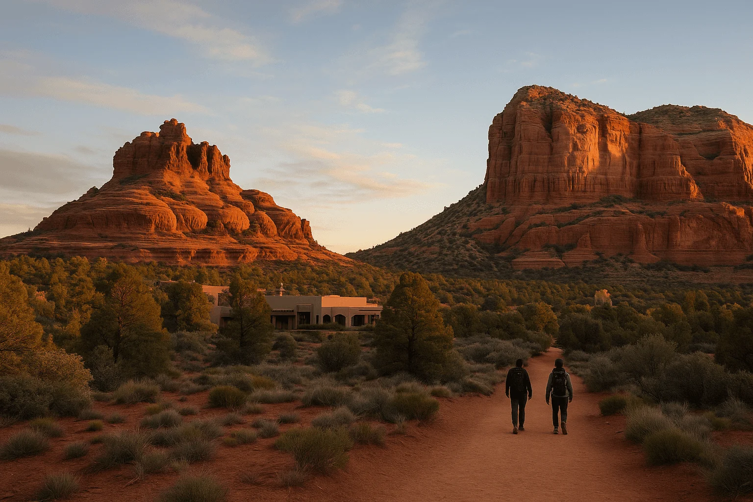 Two people walking toward red-rock formations