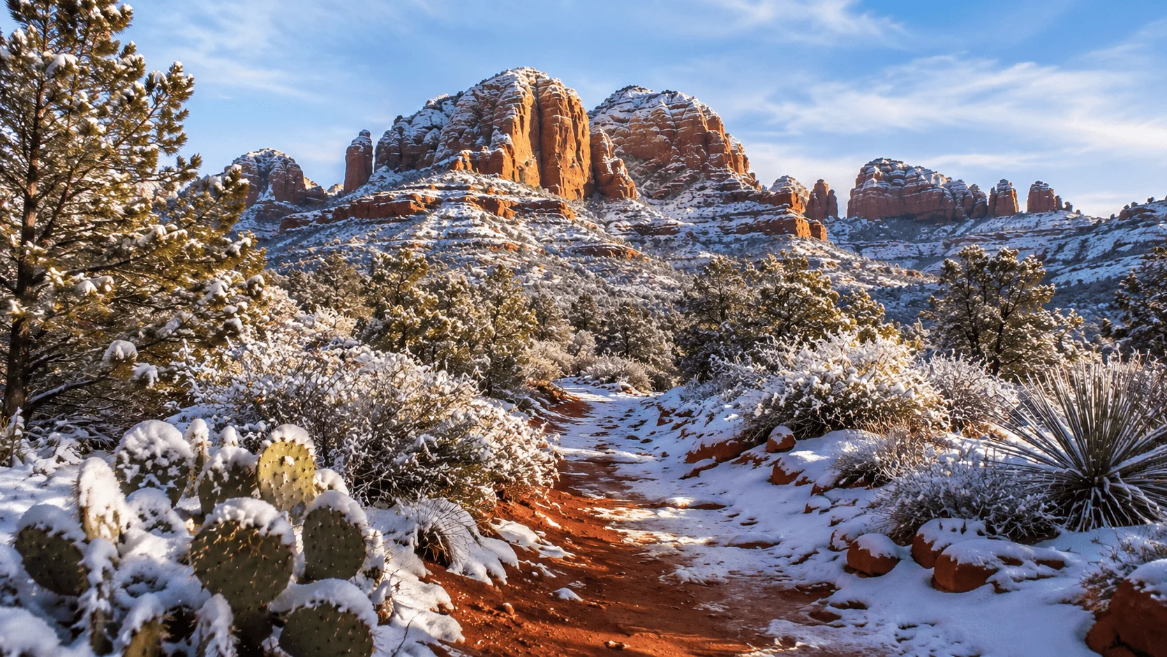 Snow covering desert plants and red-rock formations