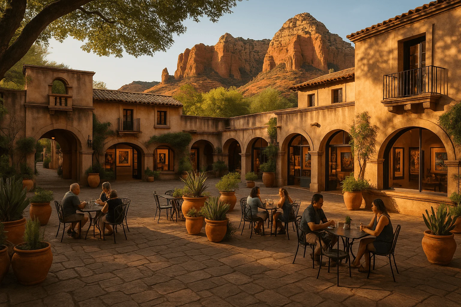 Diners in an arched courtyard with red-rock views