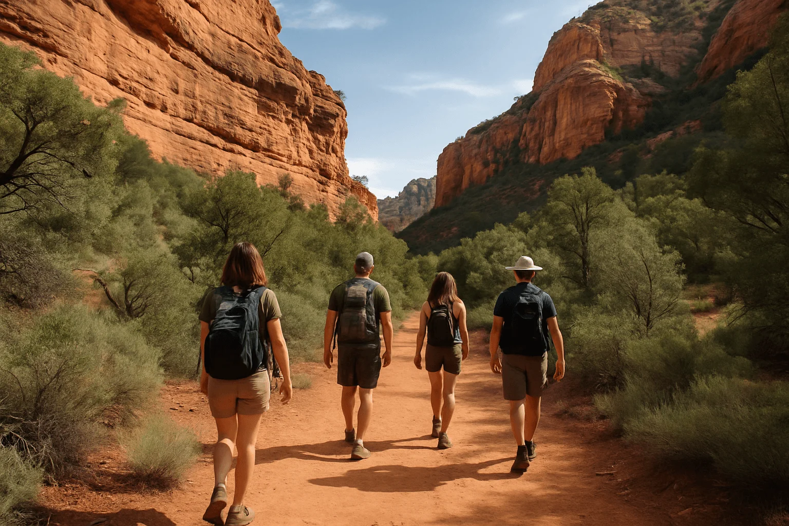 Hikers walking along a wooded canyon trail