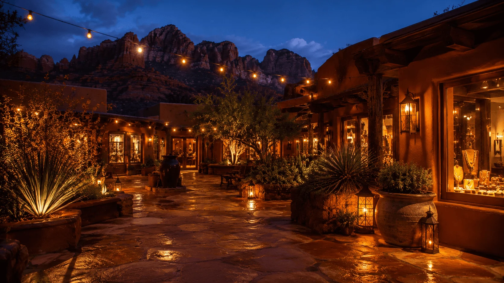 An outdoor shopping courtyard lit by string lights at dusk