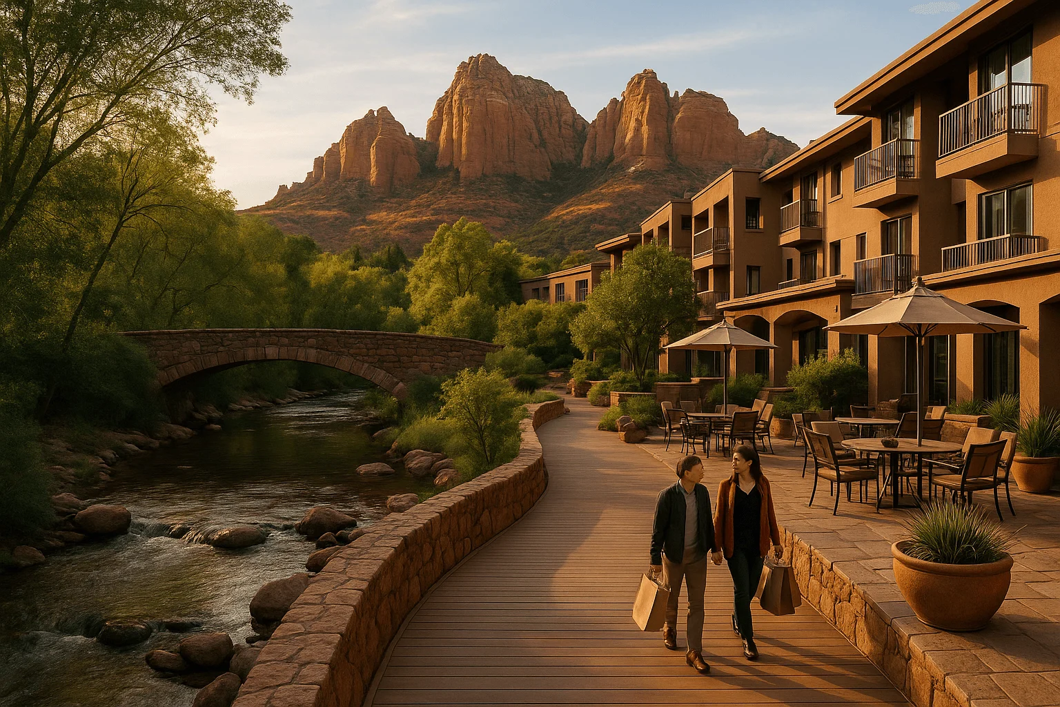 People walking beside a creek and multi-story lodging
