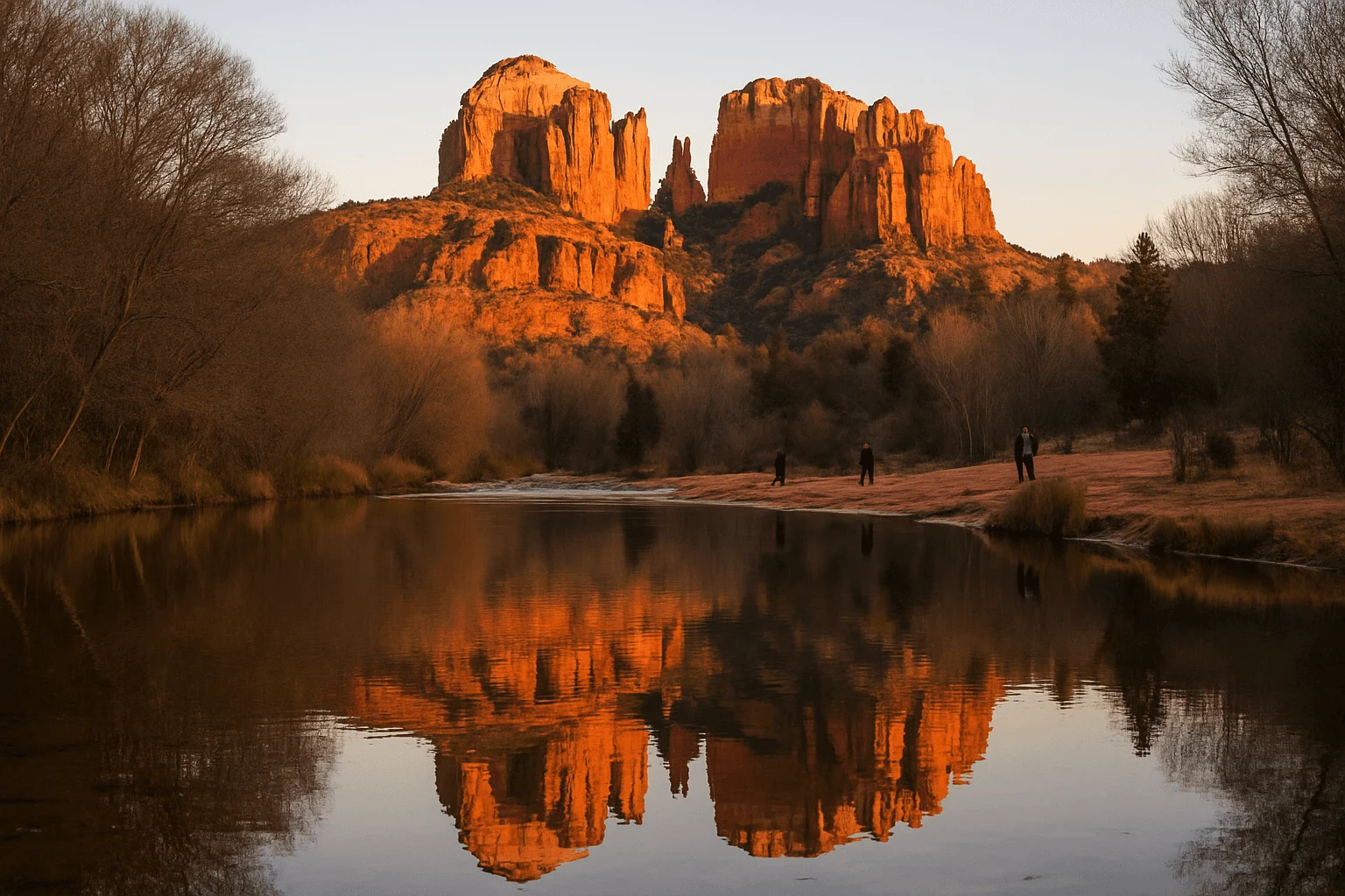 Sunlit red-rock formations reflected in still water