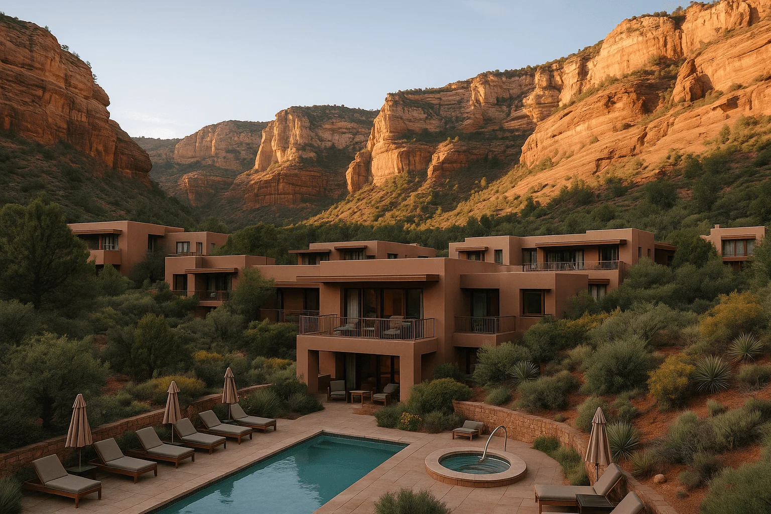 Desert lodging and pools beneath tall canyon walls