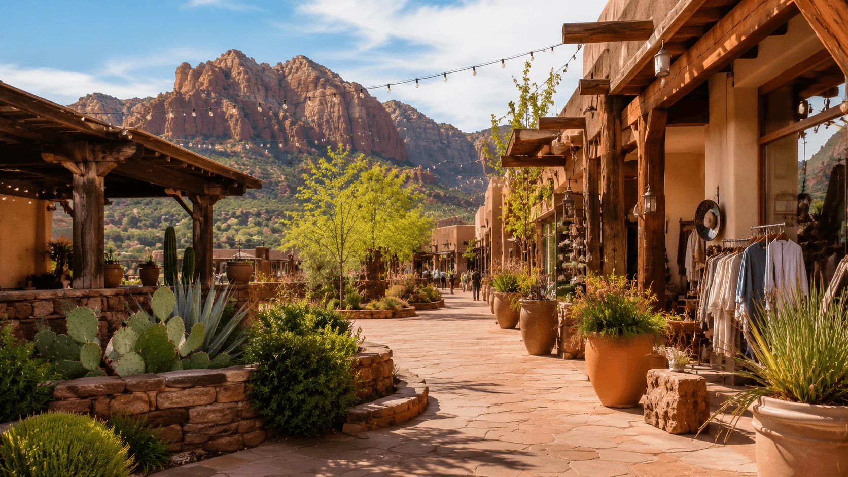 Gift-shop storefronts with Sedona red rocks in the background