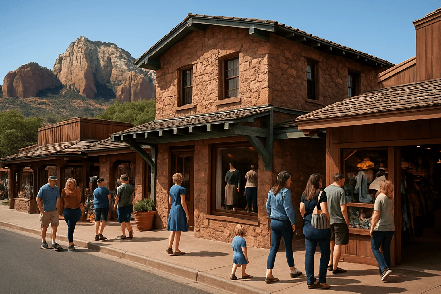 Visitors gathered outside rustic storefronts