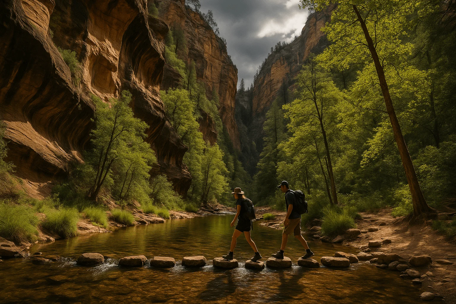 A hiker following a stream through a shaded canyon