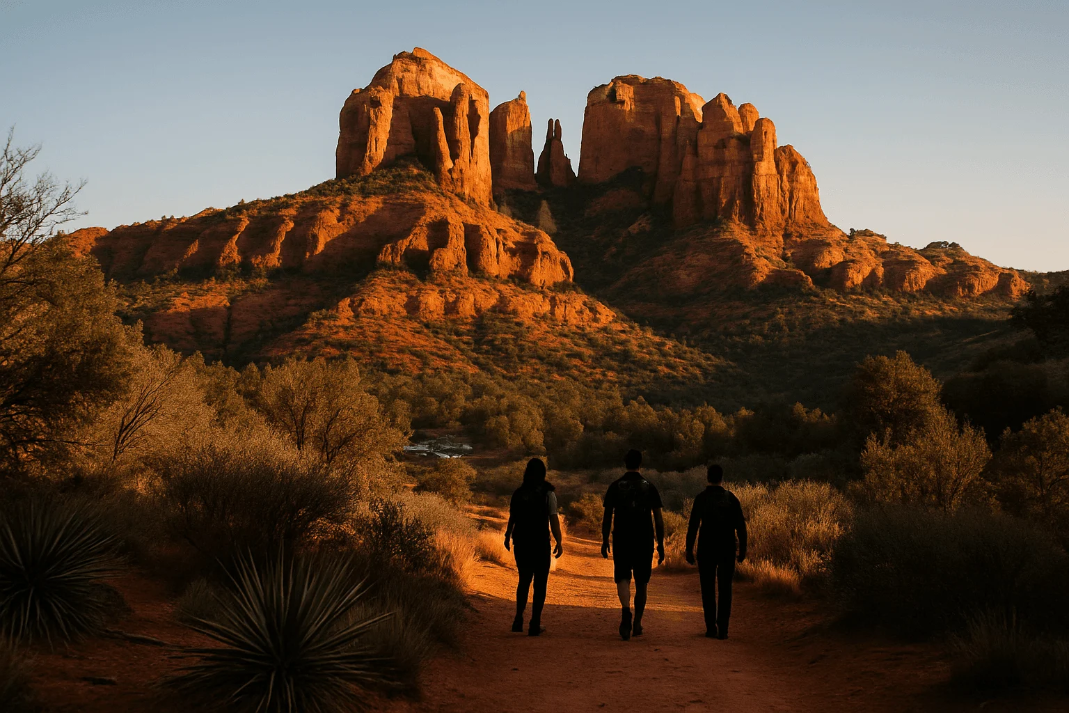 Hikers silhouetted against sunlit red-rock formations