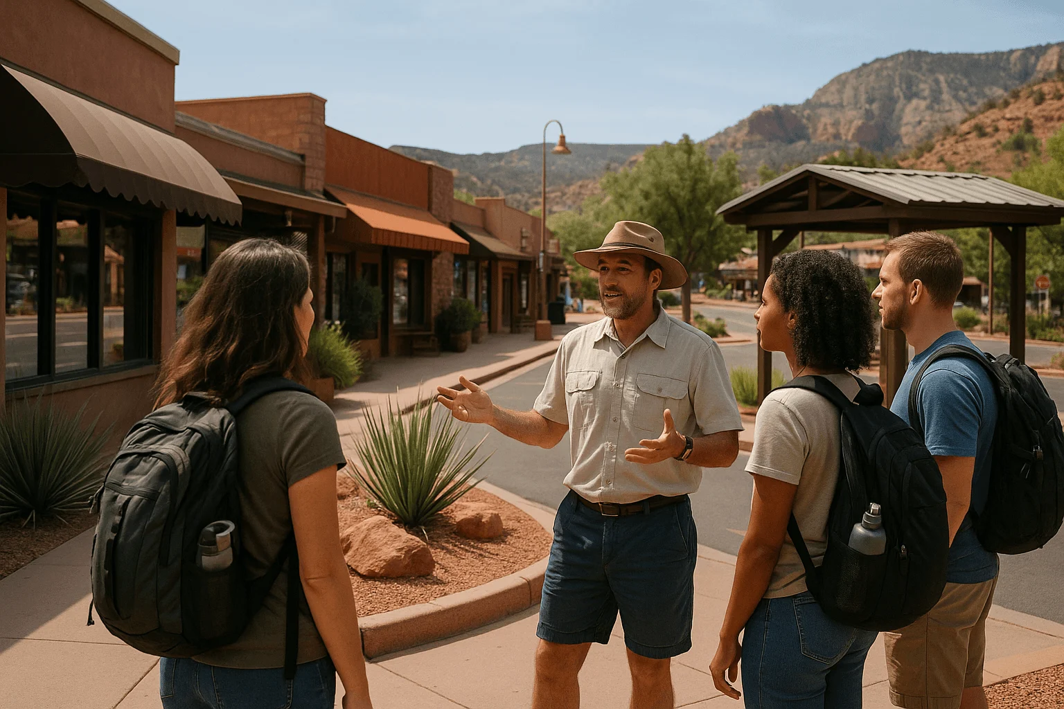 Visitors talking with a guide beside a shop-lined walkway