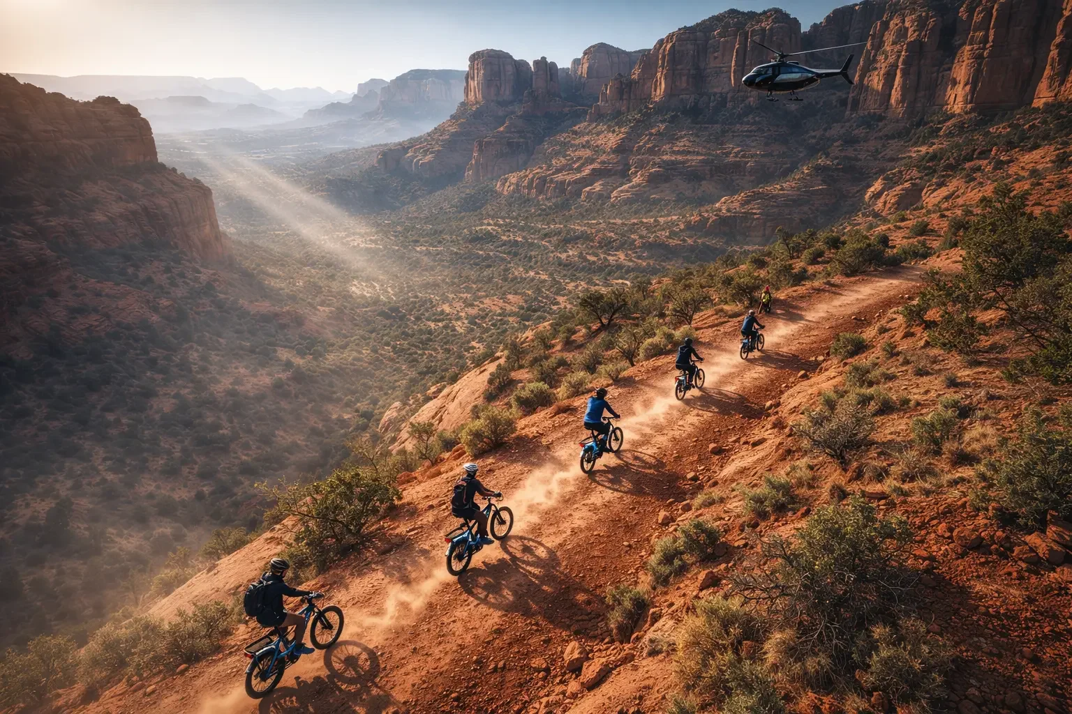 Mountain bikers following a red-rock trail