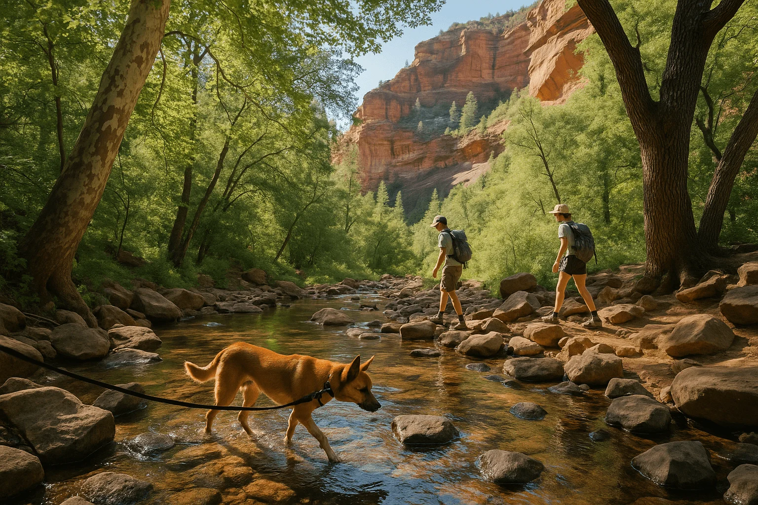 A dog stepping across a shallow creek near hikers