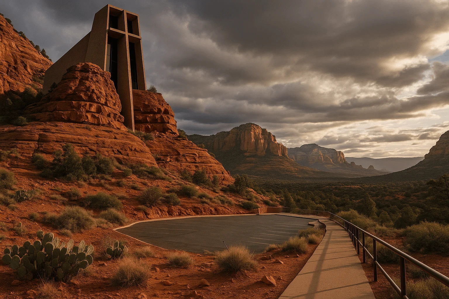 Chapel of the Holy Cross above a curving walkway under cloudy skies