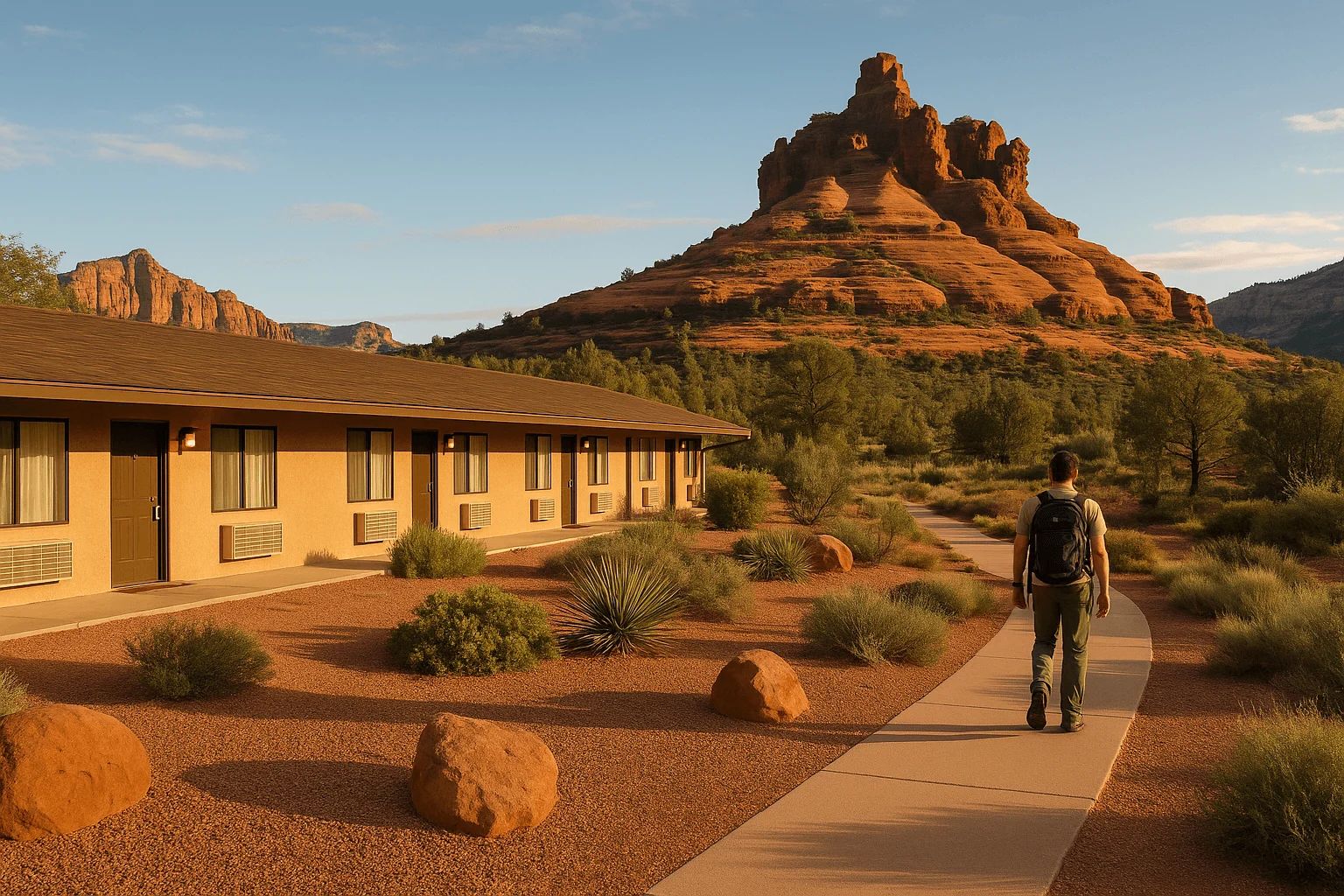 A visitor walking past desert lodging toward a red-rock formation
